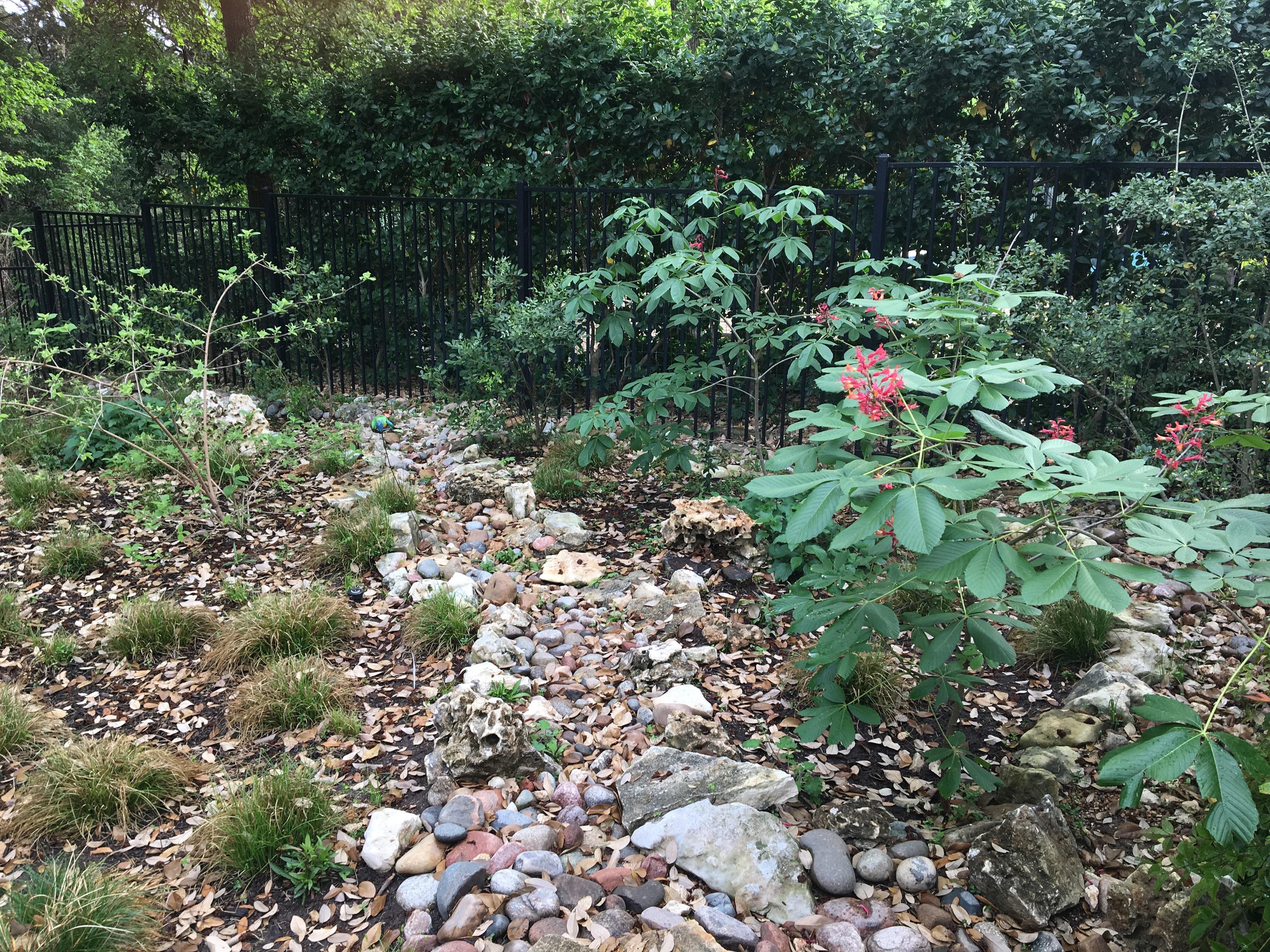 Stone retaining wall with raised garden beds and checkered patio