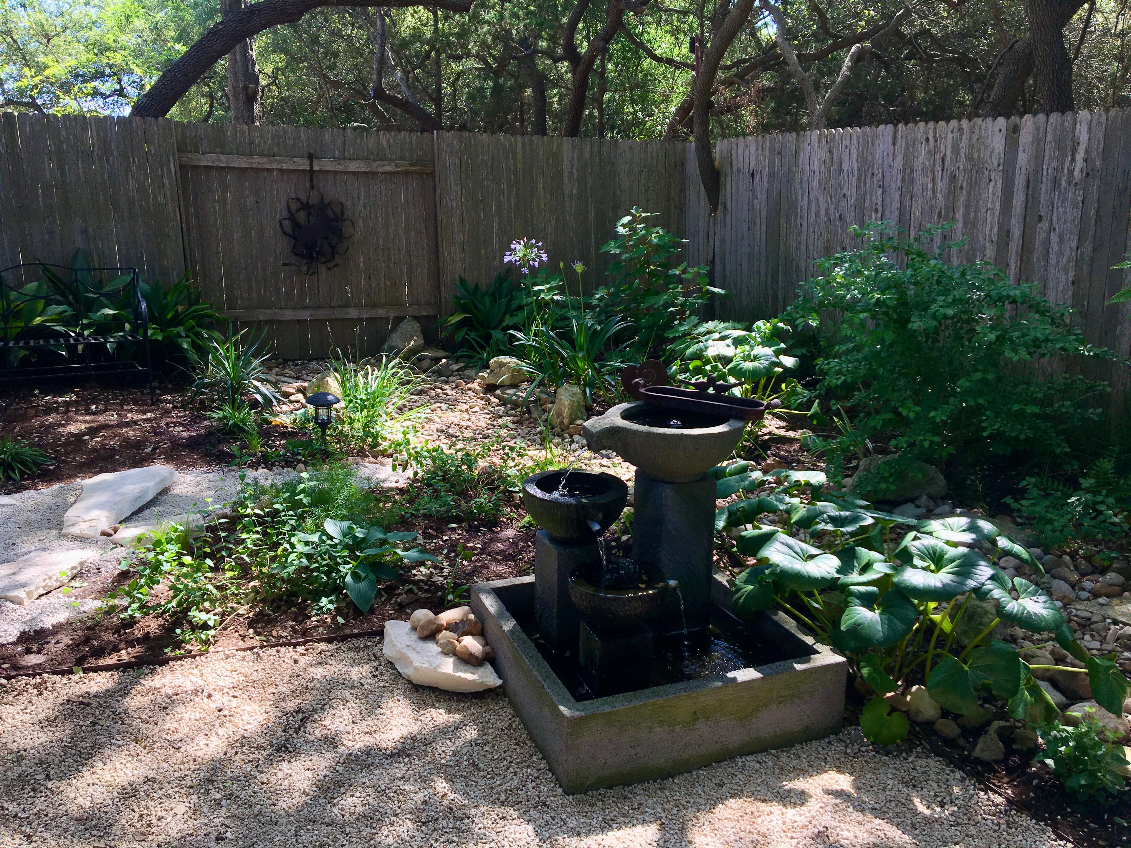 Garden water fountain feature with lush greenery